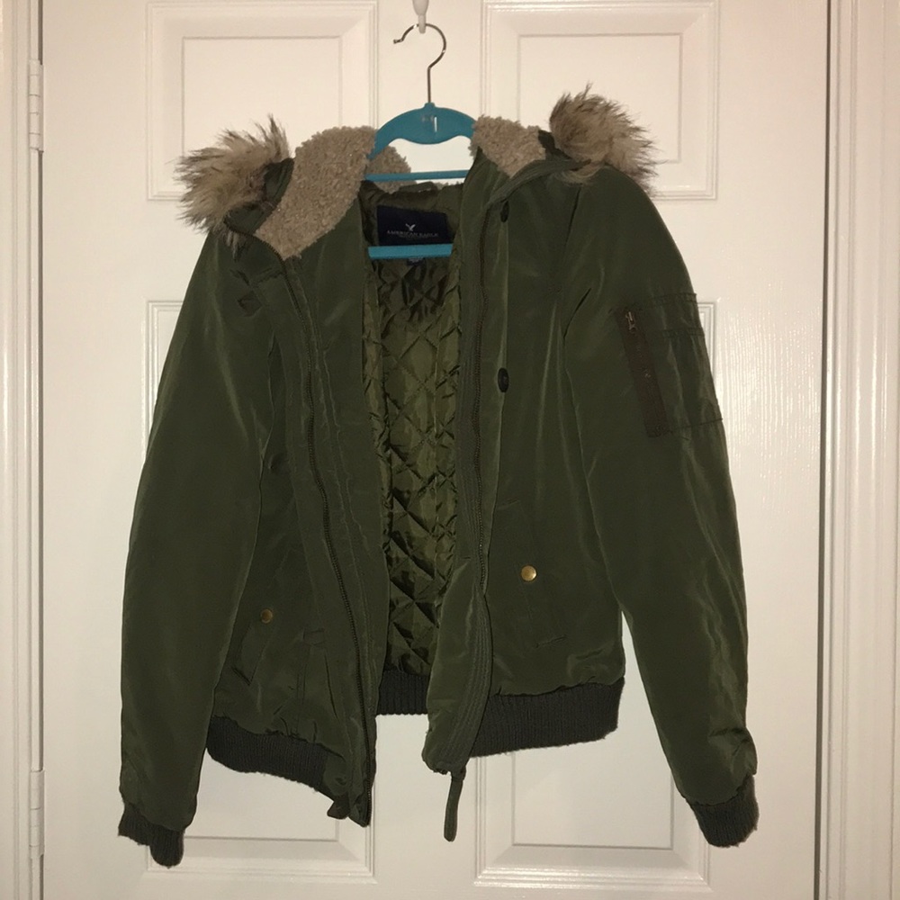 quilted american eagle coat with fur hood